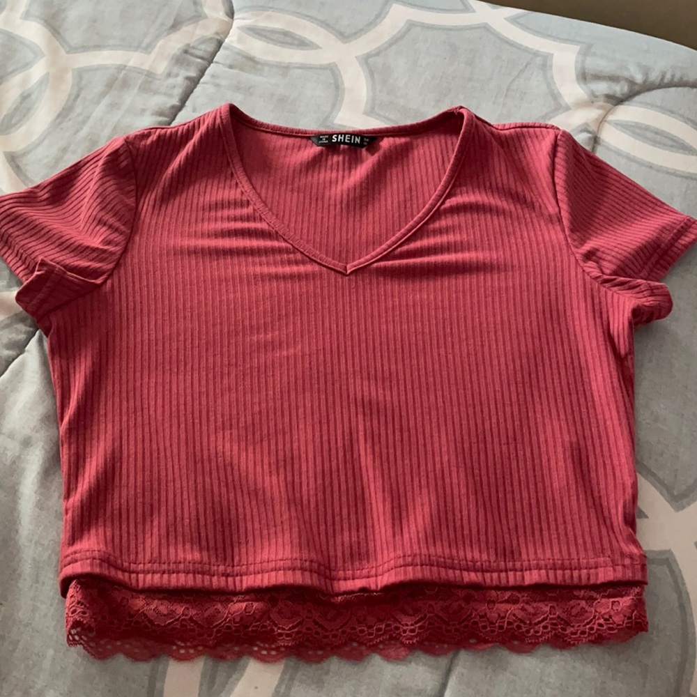 Pink Crop Top with V neck cut and lace bottom